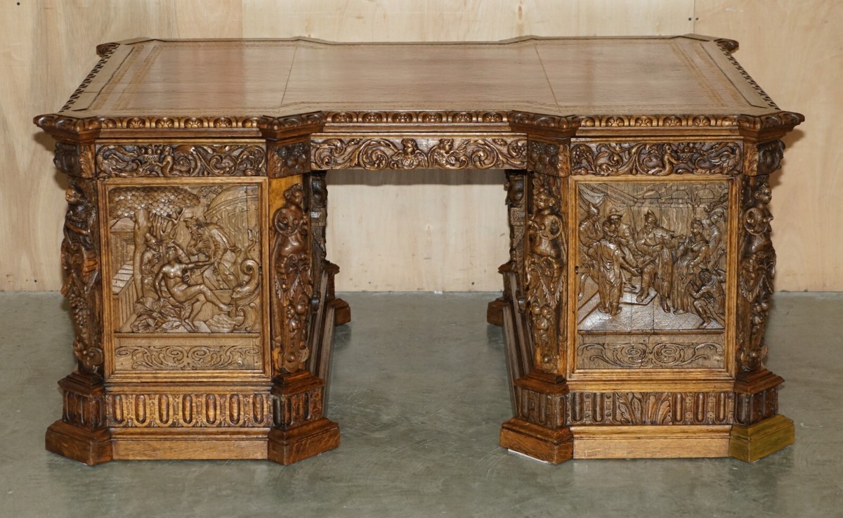 MUSEUM QUALITY ANTIQUE PARTNER DESK 17TH CENTURY HAND CARVED