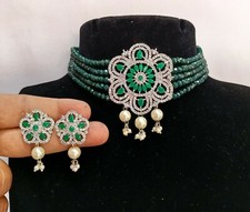 Designer Green CZ Choker Necklace With Onyx Beads Silver Plated Party Wear Set