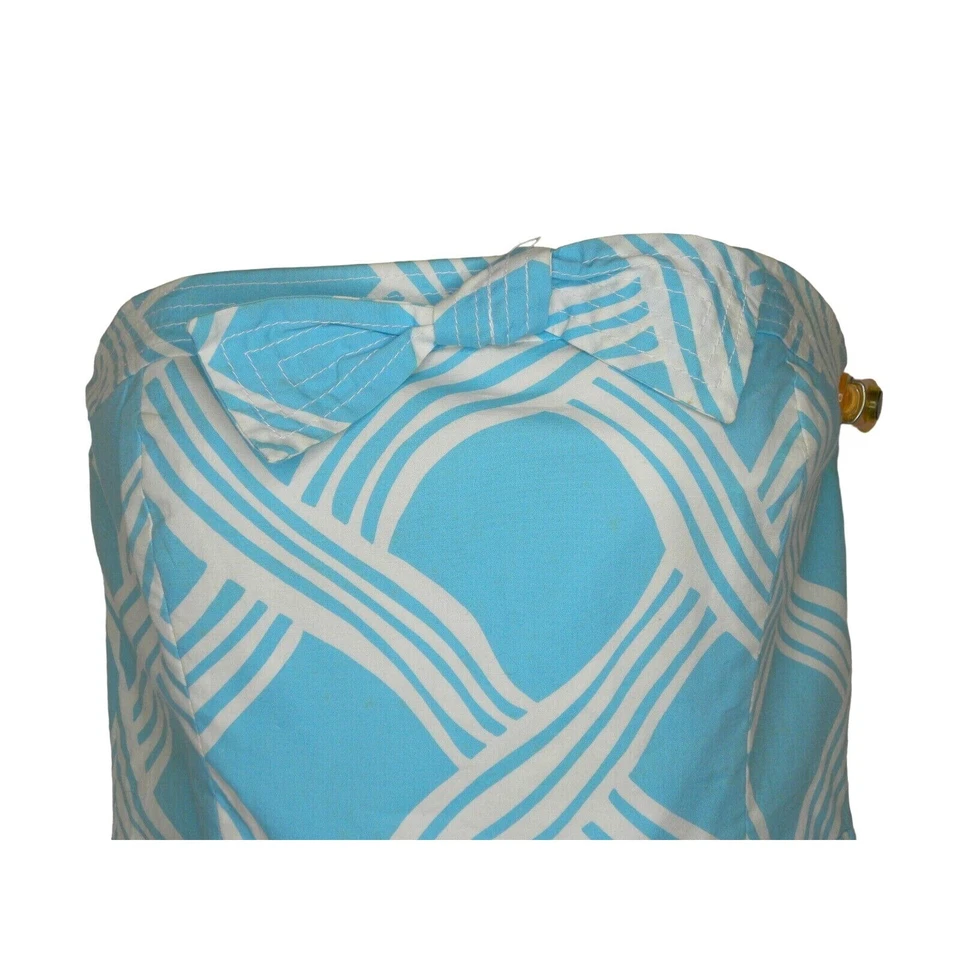 Vestido Vaina David Meister Azul Blanco Estampado Algodón Talla 10 Forrado Sin Tirantes EE. UU. Foto 2 de 4