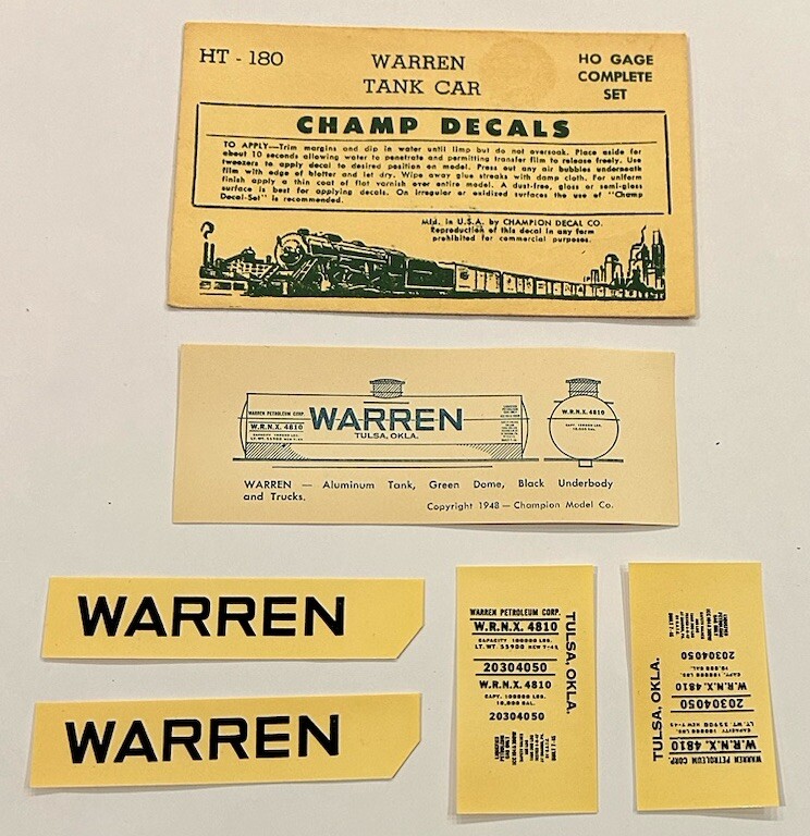 CHAMP HO DECAL-WARREN OIL TANK CAR - SILVER CAR w/BLACK LETTERING - #HT ...