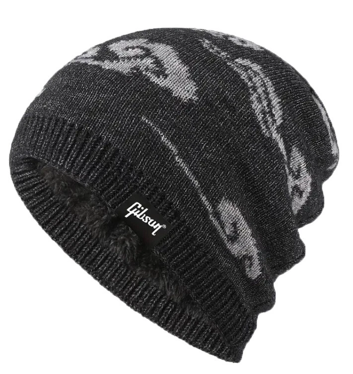 GIBSON® Logo Oversized Thermal Knit Fleece Lined Beanie - Black / Gray textured