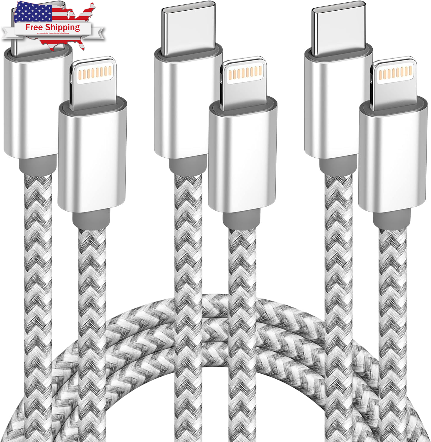 USB C to Lightning Cable 3Pack 6 FT Apple Mfi Certified Iphone Fast Charger Type-image