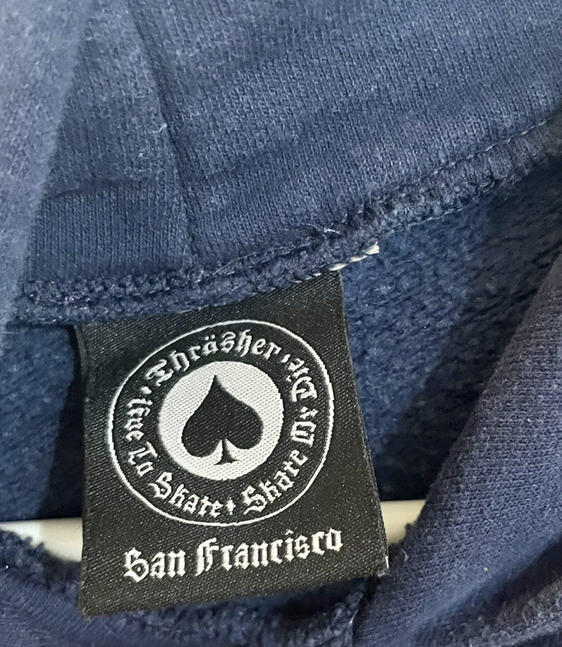 Vintage Thrasher Magazine Flames Logo 90s Navy Hoodie Sweatshirt