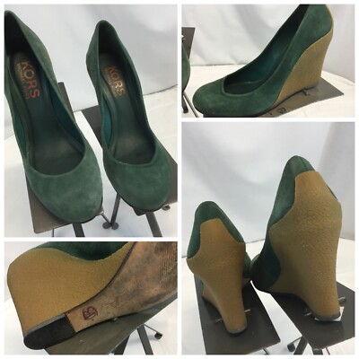 Michael Kors Slip On Wedge Heels Shoes Sz M Green Suede Brazil Mint YGI  K9S-61