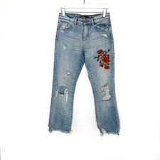 Zara Jeans Floral Embroidery Cropped Jeans Rough Edges Busted Knee Size 4