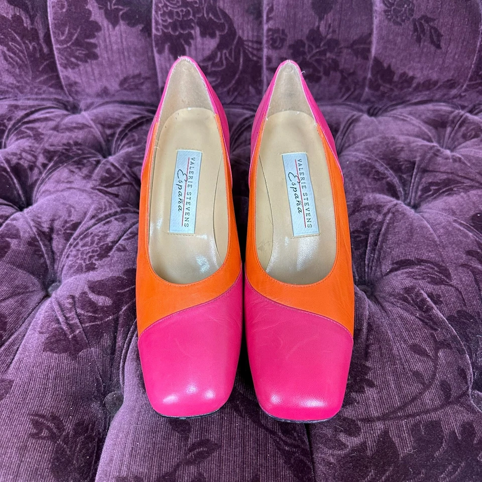 Valerie Stevens Tacones Mujer 8 De Colección Años 80 Bloque de Color Rosa Naranja Cuadrado Castilla Foto 4 de 4