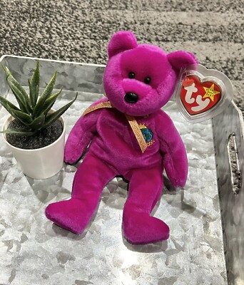 Ty Beanie Baby,  Millennium  Tag, New Years Bear, 1999 W/Hard Tag Cover
