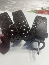 Brown Leather Punched Out Tooled Women  s Belt Sz M Boho Hippy Western Rodeo