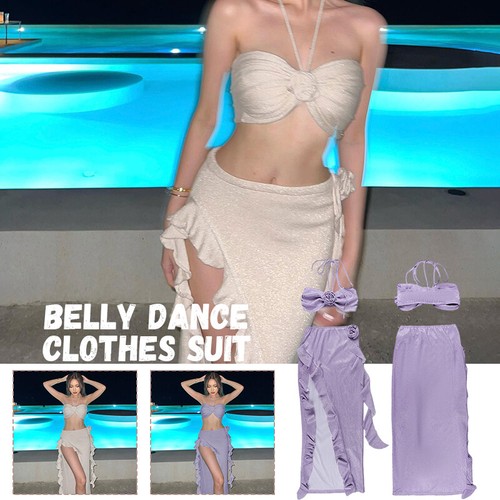 Bauchtanzanzug Damen Übungskleidung BH Oberteil + Rock Set Performance Kostüm - Bild 3 von 26