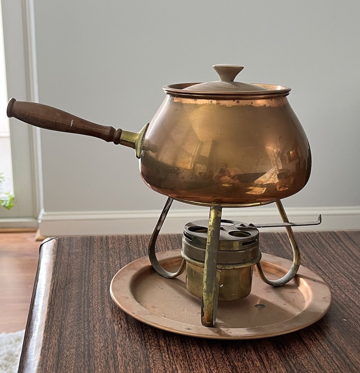 Copper Fondue Pot Lid Stand Card With Recipes Set 1963 Era