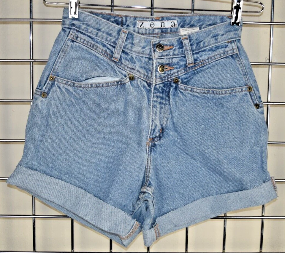 Pantalones Cortos Jean De Colección Zena Años 80 Azul Claro Lavado Cintura Alta Estilo Corte Talla S/M Foto 2 de 4
