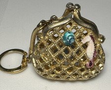 Vintage Metal Miniature Purse Seashell Ocean Shell Keychain Key Ring Chain