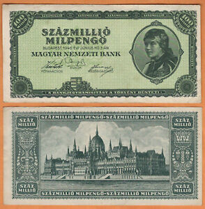 Hungary 1946 Vf 100 000 000 Milpengo 100 000 000 000 000 Pengo Banknote P 130 Ebay