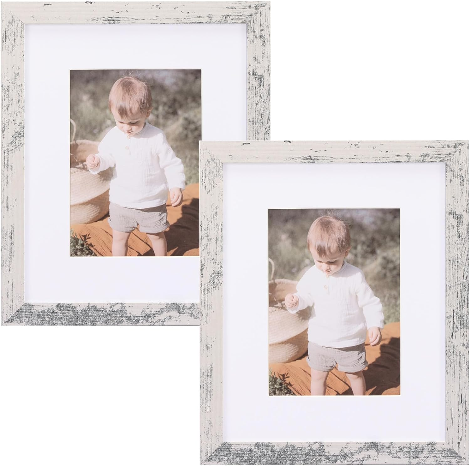 Picture Frames, Set of 2 - 8X10 Distressed White MDF with Real Glass, Matted, Ta-image