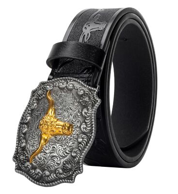 Cinturones de cuero con hebilla de vaquero occidental para hombre con grabado fl