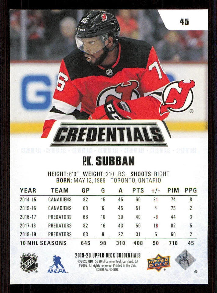 2019-20 Upper Deck Credentials Red #45 P.K. Subban /199 - Image 2 of 2