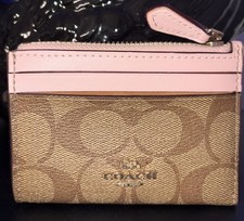 Coach Signature Logo Canvas Zip Women  s ID/Document Holder, Pink/Beige