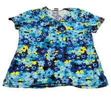 Dickies Womens Scrub Set Large Floral V-Neck Top Teal Drawstring Pants Blue