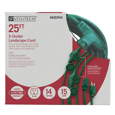 Utilitech 3 Prong 25 ft. 14/3 3 Outlet Landscape Extension Cord Green