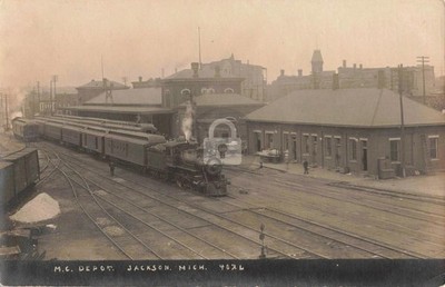 Railroad M. C. Depot, Jackson MI Michigan RPPC Photo Postcard COPY