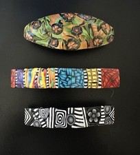 3 Artisan OOAK Polymer Clay Barrette Made-In-France Hair Clips 3 1/2 - 4 1/2