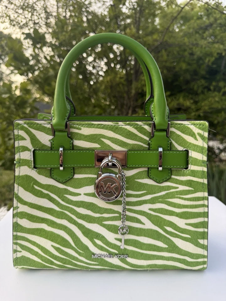 Michael Kors Small Hamilton Zebra print Hair Calf Leather Satchel Jungle Green