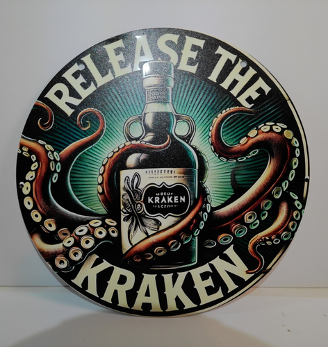 Kraken Rum Release The Kraken Round Metal Tin Sign 8" Bar Pub Wall Decor