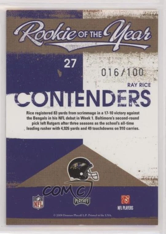 2008 Playoff Contenders Rookie of the Year Contenders Gold /100 Ray Rice #27 RC - Image 2 of 2