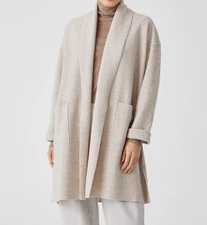 Eileen Fisher women's L Open front Lightweight Boiled Wool Coat pockets oatmeal