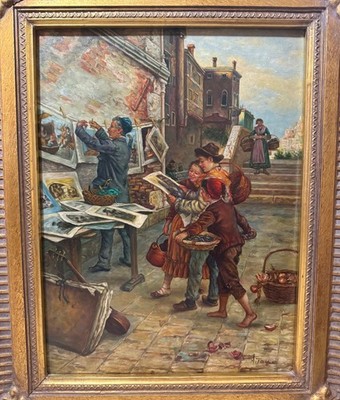 Vintage A Tucker Venetian street artist selling art realism oil painting on wood