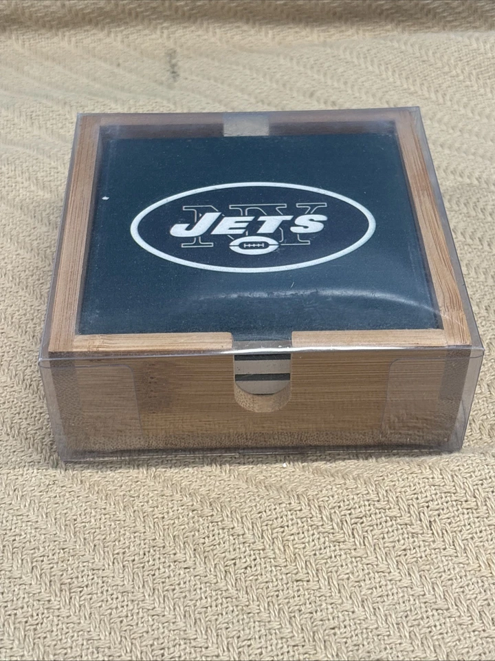 New York Jets Coasters Set of 4 Ceramic In Wood Caddy Drink Bar NFL Man Cave - Image 4 of 4