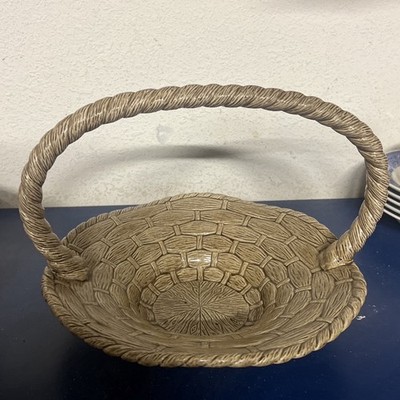 Vintage Ceramic Woven-Style Basket With Twisted Handle Beige Color Decorative