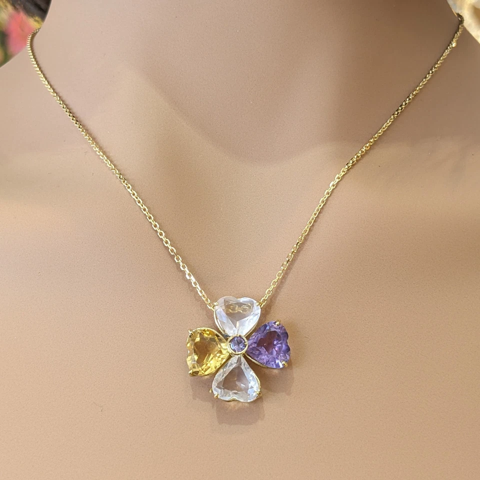 Gemstone Clover Pendant Necklace in 18k Yellow Gold w/14k Chain-HM2727V