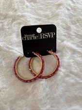Charming Charlie RSVP Earrings Gold Hoop Red Beads Stones Dangle Drop Faceted