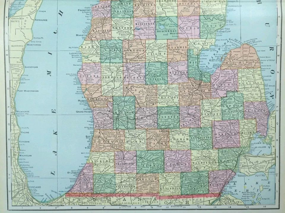 Vintage 1902 MICHIGAN Map 14"x22" ~ Old Antique Original CADILLAC LANSING MI - Image 3 of 4
