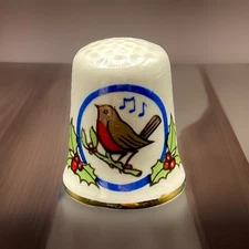 VTG Masons Ironstone Porcelain Thimble Christ Singing Bird Holly Berries Gold GC