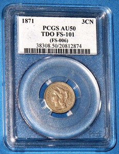 1871 3 Cent Nickel (3CN) - PCGS AU50 - Problem Free