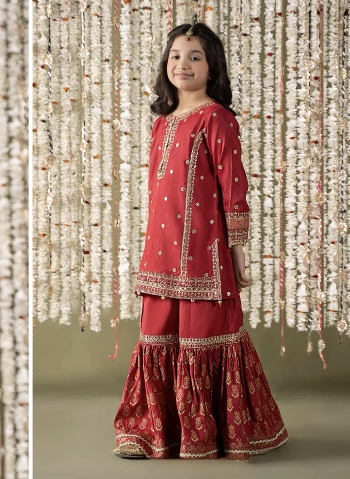 MariaB 3 Piece Embroidered Raw Silk Suit kids 4-6 size - Image 3 of 4