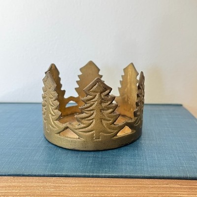 Vintage Brass Candle Holder Pine Trees Christmas Up North Woods Cabin Holiday