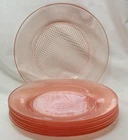 Vintage 8 Jeanette Glass Homespun Pink Depression Glass Dinner Plates  9-1/2”