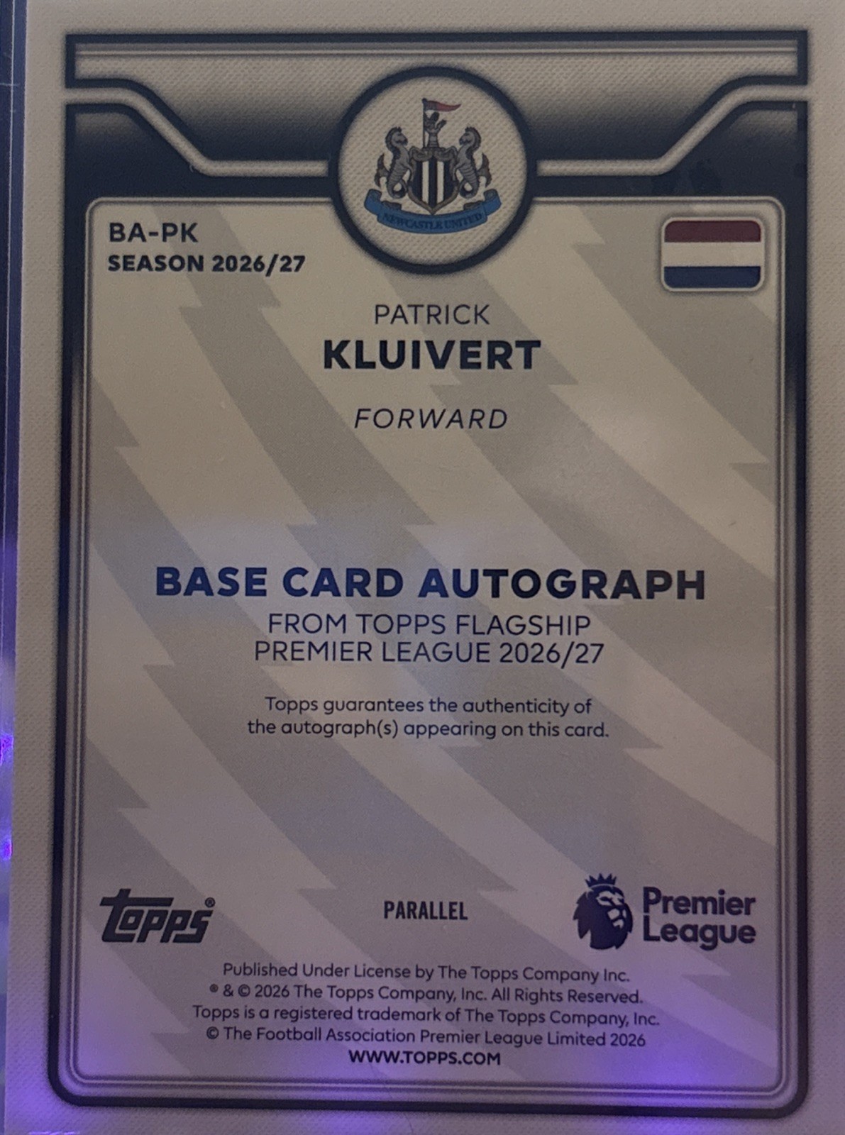 BRAND NEW 2026-27 Topps Premier League Patrick Kluivert #BA-PK Orange Auto 13/25 view 2