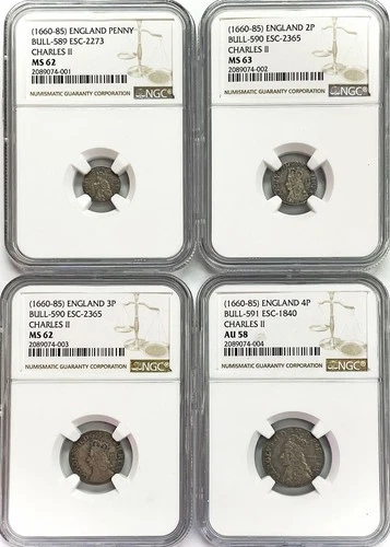 1660 -1685 SILVER GREAT BRITAIN KING CHARLES II MAUNDY SET NGC AU 58- MS 63