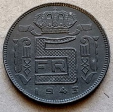 WWII era Leopold III Belgium Nazi Occupation Zinc 5 Francs 1943 SCARCE