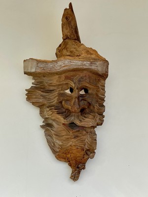 Vintage Hand Carved Wood Spirit Old Man Face Tree Bark Log Sculpture