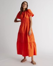 Quince Organic Cotton Poplin Tiered Maxi Dress Vermilion Red Smocked Waist XL