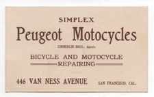 1920s Advertising Card for Simplex Peugeot Motocycles San Francisco CA