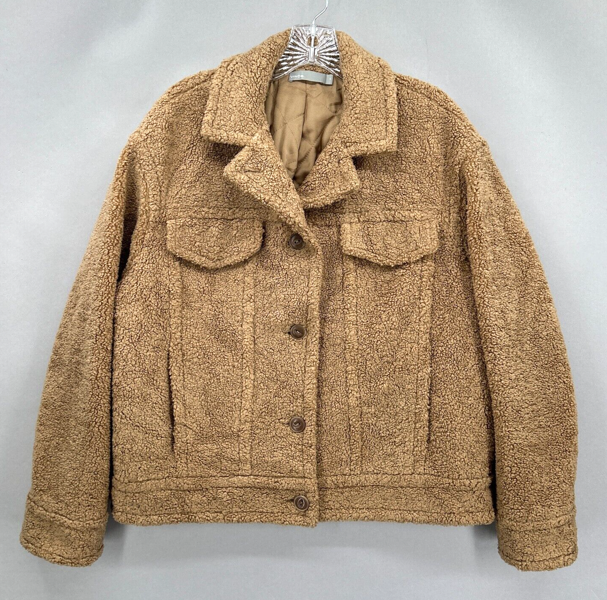 Vince Jacket Womens Medium Teddy Trucker Coat Tan Fuzzy Faux Sherpa Lined