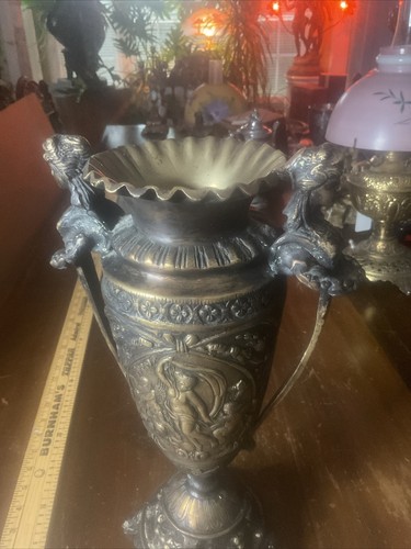 Fantastic Lg Figural Brass Urn Nouveau Lady And Cherubs , HEAVY - Picture 7 of 10