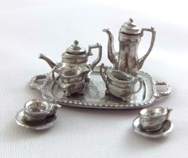 Dolls House Pewter Silver Tea Set 1:24 Scale Miniature Dining Room Accessory
