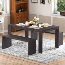 Dining Set Rubber Wood Dining Table & Oak Veneer Benches for Dining Room